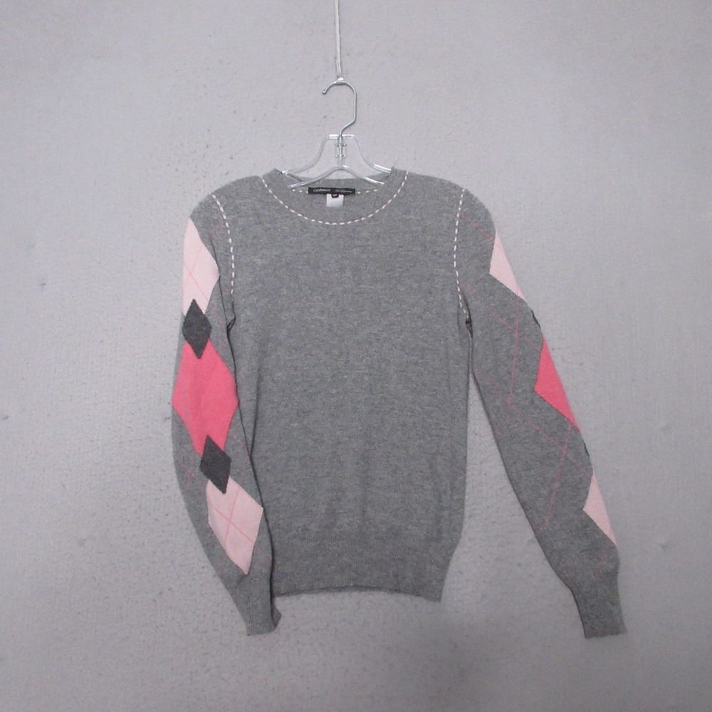 Les Copains Cashmere Sweater Gray Pink Argyle Patchwork Preppy Academia Luxury